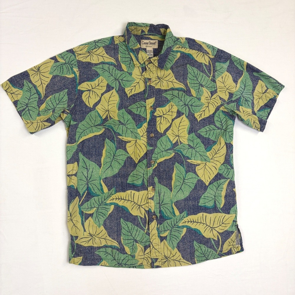 Cooke Street Honolulu Mens Medium Green Blue Tropical Leaf Print Cotton Shirt‎